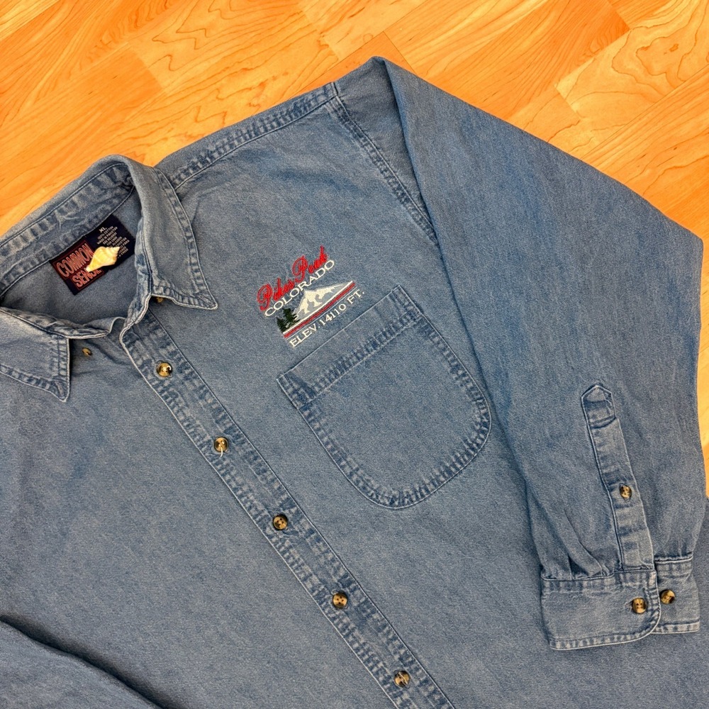 Common Sense Mens XL Denim Shirt Pikes Peak Colorado Embroidered Long Sleeve - Picture 2 of 7